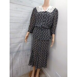 Vtg Liz Roberts Prairie Dress Peplum Button Front White Collar Long Sleeve M